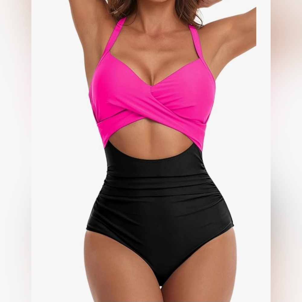 Eomenie Pink and Black Cutout Swimsuit Tummy Control NWT ❤️